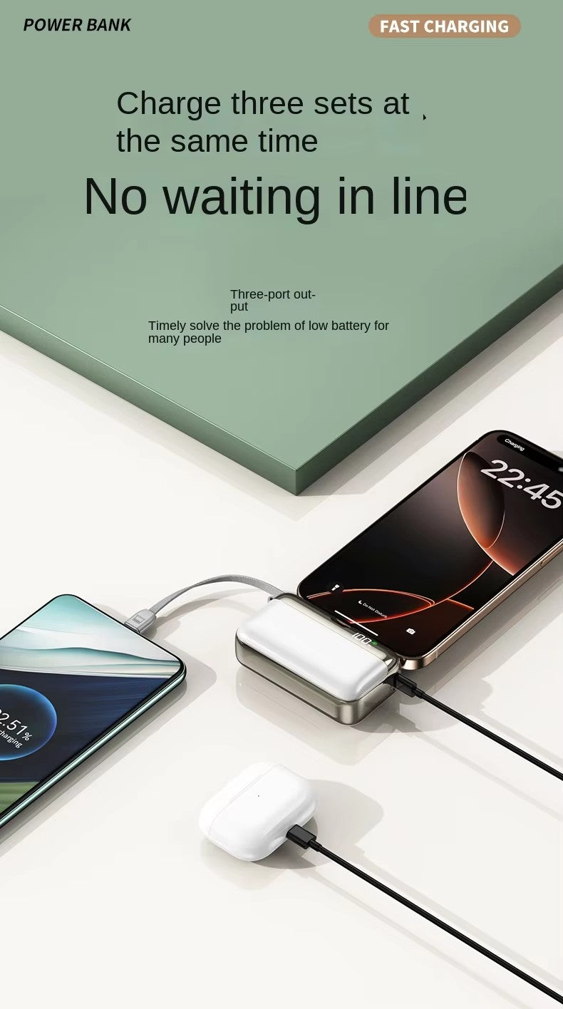 Portable Mini Power Bank, 10000mAh, Fast Charging 22.5W, Built-in Cable, LED Digital Display, for USB-C and Lightning Devices