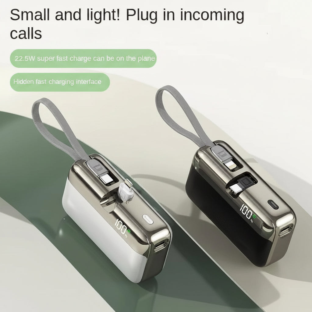 Portable Mini Power Bank, 10000mAh, Fast Charging 22.5W, Built-in Cable, LED Digital Display, for USB-C and Lightning Devices