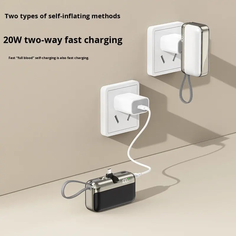 Portable Mini Power Bank, 10000mAh, Fast Charging 22.5W, Built-in Cable, LED Digital Display, for USB-C and Lightning Devices