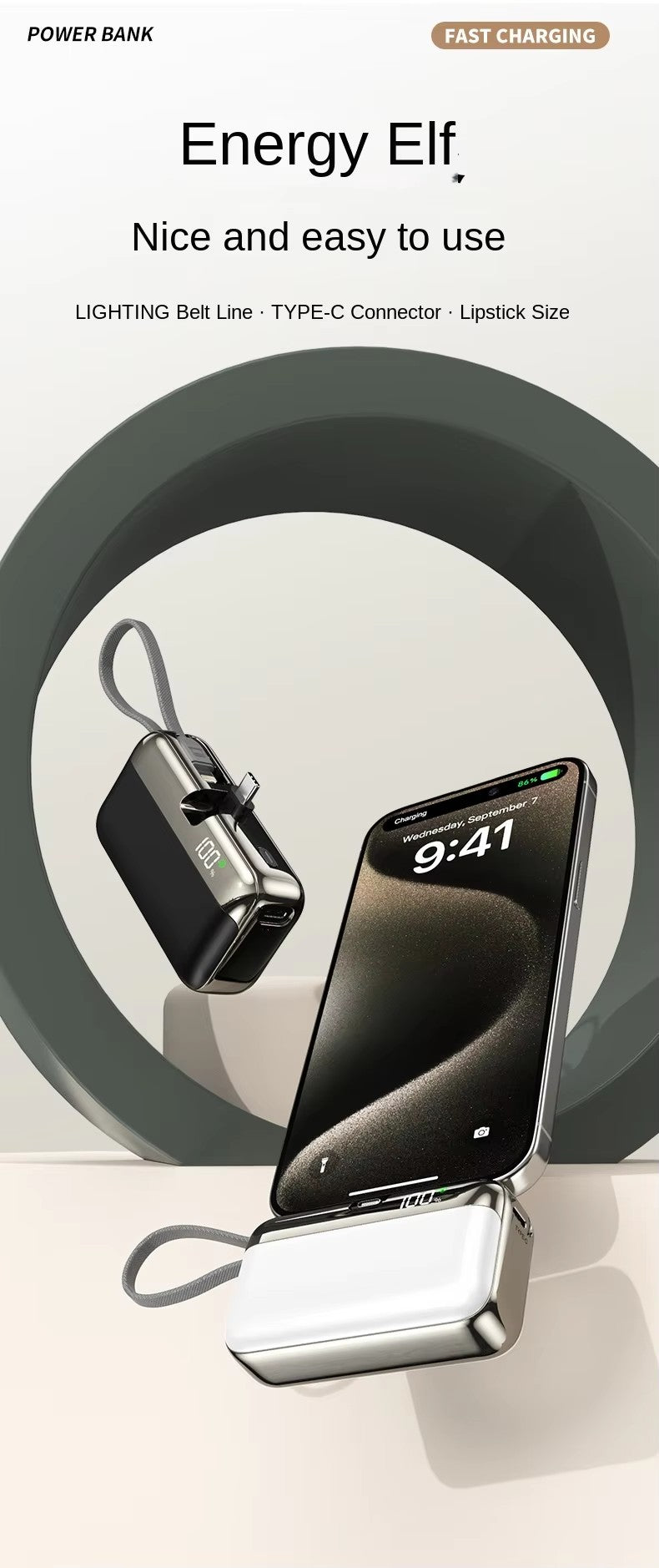 Portable Mini Power Bank, 10000mAh, Fast Charging 22.5W, Built-in Cable, LED Digital Display, for USB-C and Lightning Devices