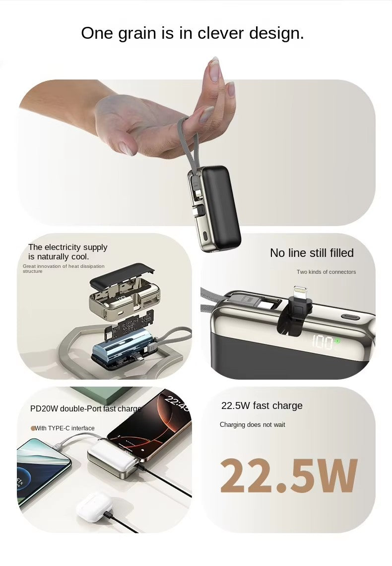 Portable Mini Power Bank, 10000mAh, Fast Charging 22.5W, Built-in Cable, LED Digital Display, for USB-C and Lightning Devices